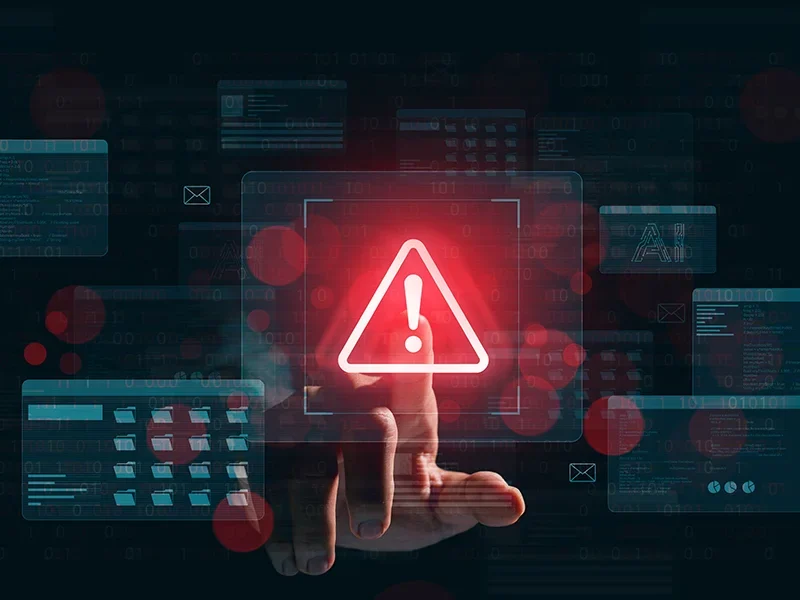 A finger pointing to a red caution sign illustration overlay, showing the concept of malware and IT security