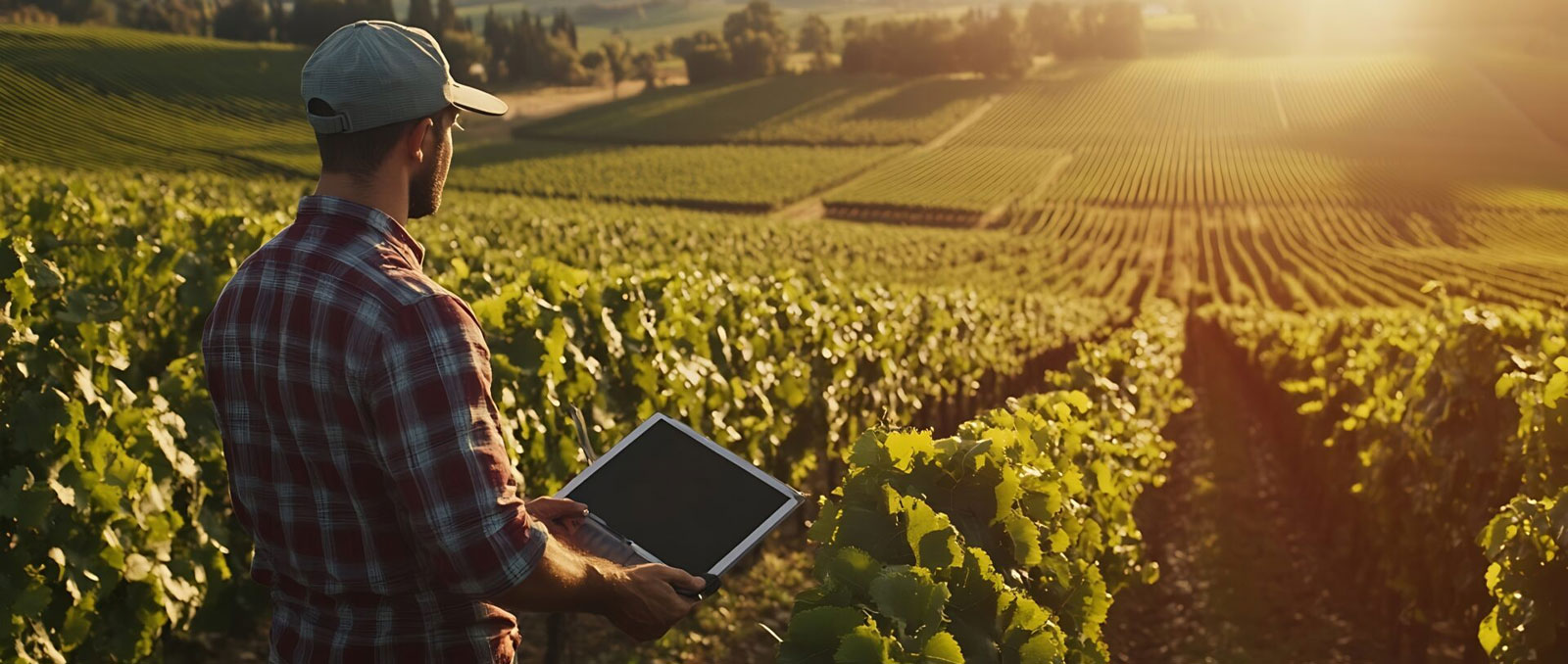 a man looks out over a vineyard while on his tablet device