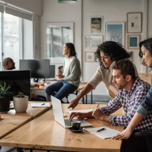 A team of employees working at a small business gather around a laptop in an office, showing the concept of IT pain points that small businesses face